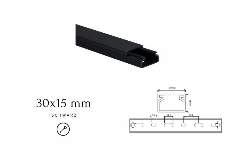 Kabelkanal - 30x15 mm Schwarz - Selbstklebend & Schraubbar