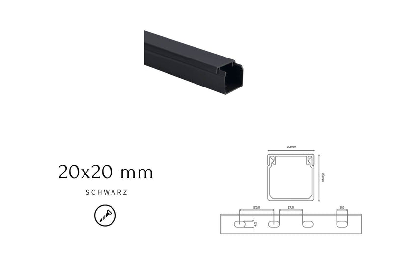 Kabelkanal - 20x20 mm Schwarz - Selbstklebend & Schraubbar - Kabelkanal