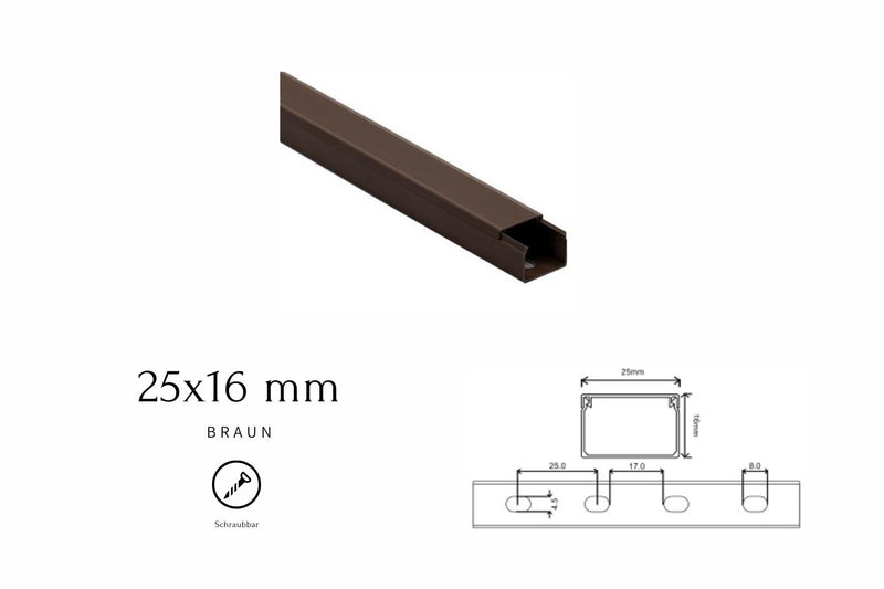 Kabelkanal - 25x16 mm Braun - Selbstklebend & Schraubbar - Kabelkanal