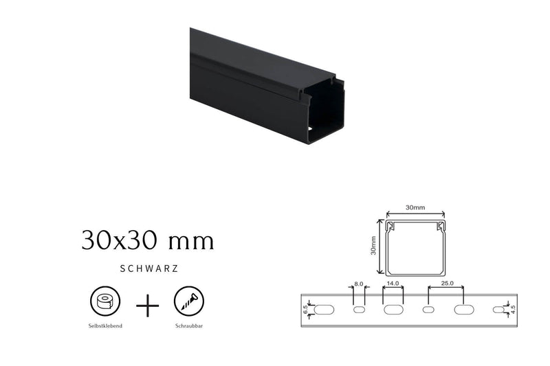 Kabelkanal - 30x30 mm Schwarz - Selbstklebend & Schraubbar - Kabelkanal